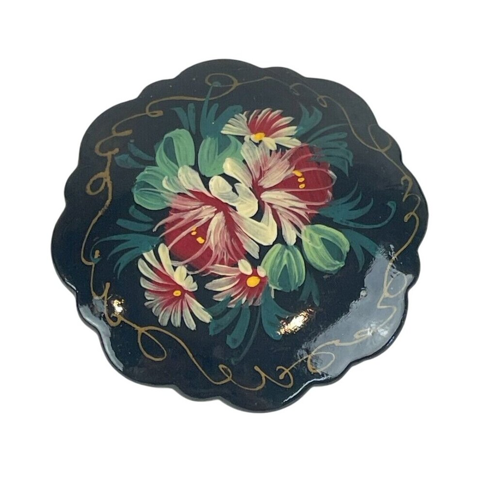 Vintage Russian Hand Painted Floral Pin Brooch Lacquer Ware Round Signed